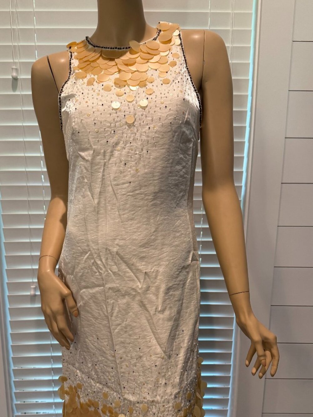 Sue Wong Y2K Dress Beaded Paillette Evening Cocktail Art Deco Cream Elegant A9